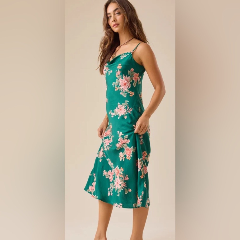 Altar'd State Green and Pink Silky Floral Midi Slip Dress - Size Small - Picture 2 of 9